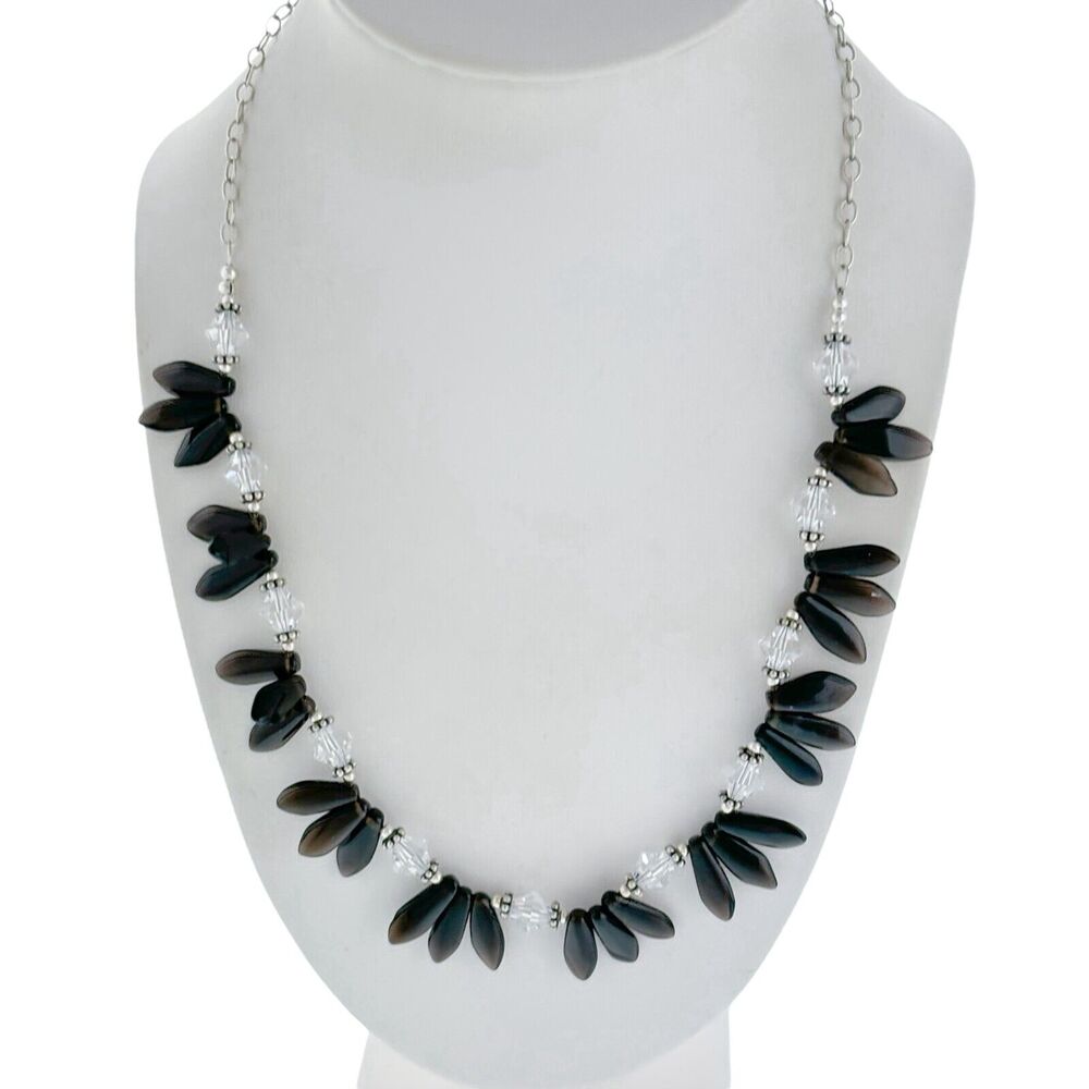 Vintage Sterling Silver 925 Smoky Quartz Crystal Beaded Bib Necklace 17"-20.5"
